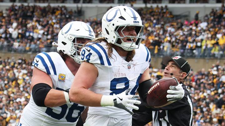 Oct 11, 2026; Pittsburgh, Pennsylvania, USA; Indianapolis Colts tight end Tyler Warren (84) reacts after scoring a touchdown in the second quarter against the Pittsburgh Steelers at Acrisure Stadium. Mandatory Credit: Charles LeClaire-Imagn Images Oct 11, 2026; Pittsburgh, Pennsylvania, USA; Indianapolis Colts tight end Tyler Warren (84) reacts after scoring a touchdown in the second quarter against the Pittsburgh Steelers at Acrisure Stadium. Mandatory Credit: Charles LeClaire-Imagn Images