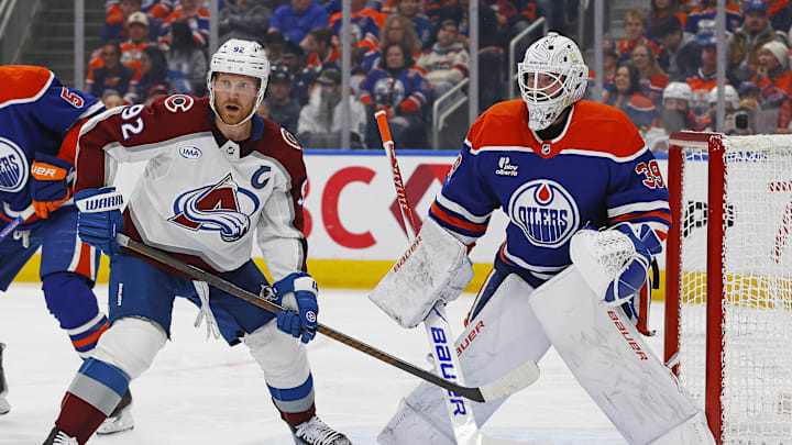 Apr 13, 2026; Edmonton, Alberta, CAN; Colorado Avalanche forward Gabriel Landeskog (92) looks for a loose puck in front of Edmonton Oilers goaltender Connor Ingram (39) during the second period at Rogers Place. Mandatory Credit: Perry Nelson-Imagn Images Apr 13, 2026; Edmonton, Alberta, CAN; Colorado Avalanche forward Gabriel Landeskog (92) looks for a loose puck in front of Edmonton Oilers goaltender Connor Ingram (39) during the second period at Rogers Place. Mandatory Credit: Perry Nelson-Imagn Images