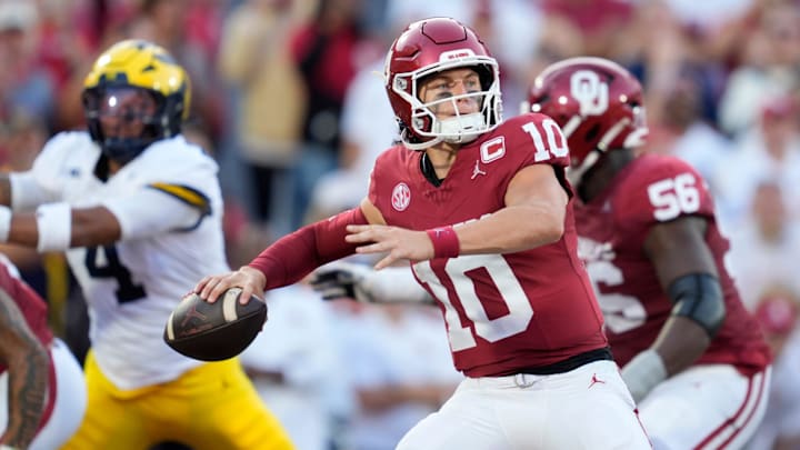 Oklahoma Sooners quarterback John Mateer (10) throws a pass during a college football game between the University of Oklahoma Sooners (OU) and the University of Michigan Wolverines at Gaylord Family Ð Oklahoma Memorial Stadium in Norman, Okla., Saturday, Sept. 6, 2025.