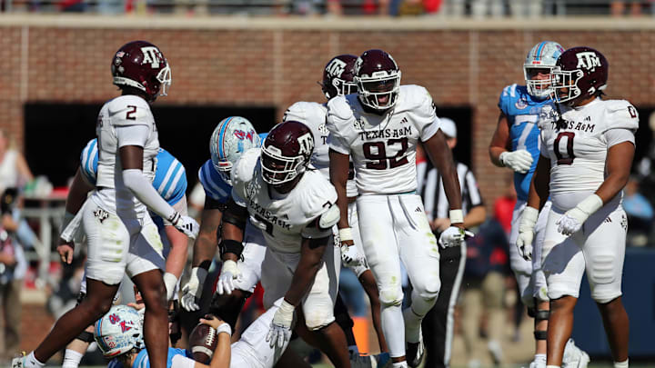 Nov 4, 2023; Oxford, Mississippi, USA; Texas A&M Aggies defensive linemen Malick Sylla (92) reacts after a defensive stop against the Mississippi Rebels during the first half at Vaught-Hemingway Stadium. Mandatory Credit: Petre Thomas-Imagn Images