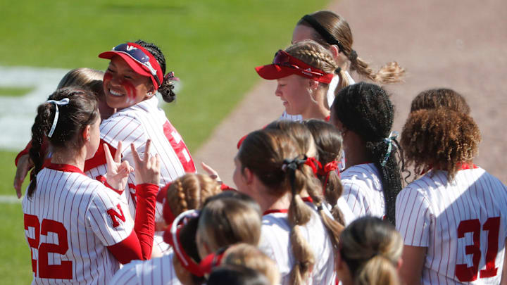 The Nebraska Cornhuskers celebrate as the starting lineup is announced Friday, May 9, 2025, during the Big Ten softball tournament game against the UCLA Bruins at Purdue University’s Bittinger Stadium in West Lafayette, Indiana. The Nebraska Cornhuskers celebrate as the starting lineup is announced Friday, May 9, 2025, during the Big Ten softball tournament game against the UCLA Bruins at Purdue University’s Bittinger Stadium in West Lafayette, Indiana.