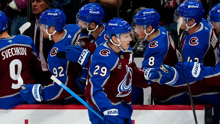 Oct 10, 2026; Denver, Colorado, USA; Colorado Avalanche center Nathan MacKinnon (29) celebrates his goal with teammates in the first period against the Toronto Maple Leafs at Ball Arena. Mandatory Credit: Ron Chenoy-Imagn Images Oct 10, 2026; Denver, Colorado, USA; Colorado Avalanche center Nathan MacKinnon (29) celebrates his goal with teammates in the first period against the Toronto Maple Leafs at Ball Arena. Mandatory Credit: Ron Chenoy-Imagn Images