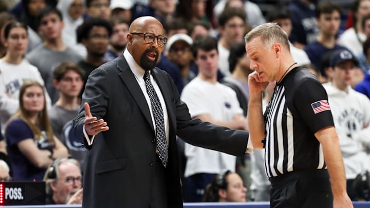 Feb 24, 2024; University Park, Pennsylvania, USA; Indiana Hoosiers head coach Mike Woodson reacts to