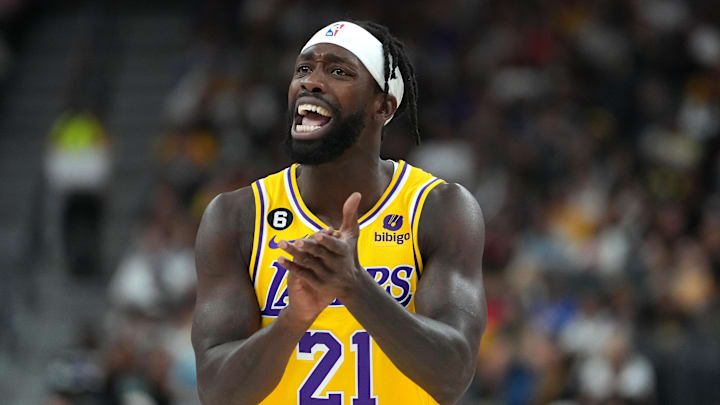 Oct 5, 2022; Las Vegas, Nevada, USA; Los Angeles Lakers guard Patrick Beverley (21) reacts after a