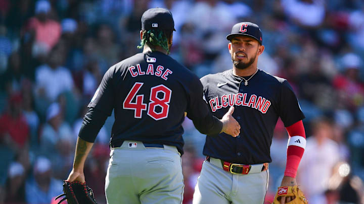 Cleveland Guardians pitcher Emmanuel Clase (48) and third base Gabriel Arias.