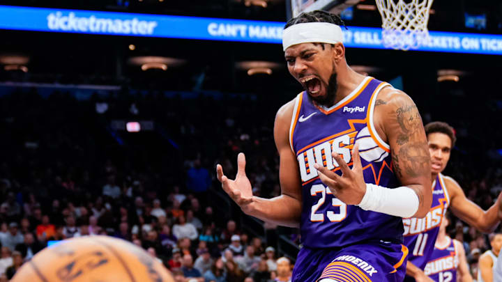 Nov 23, 2025; Phoenix, Arizona, USA; Phoenix Suns guard Jordan Goodwin (23) reacts in the first half of the game at Mortgage Match Up Center. Mandatory Credit: Arianna Grainey-Imagn Images