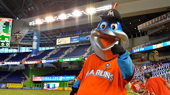 Oct 1, 2017; Miami, FL, USA; Miami Marlins mascot Billy the Marlin poses for a picture prior to the game between the Miami Marlins and the Atlanta Braves at Marlins Park. Mandatory Credit: Jasen Vinlove-Imagn Images
