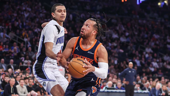 Jan 6, 2025; New York, New York, USA; New York Knicks guard Jalen Brunson (11) looks to post up against Orlando Magic guard Anthony Black (0) in the first quarter at Madison Square Garden. Mandatory Credit: Wendell Cruz-Imagn Images Jan 6, 2025; New York, New York, USA; New York Knicks guard Jalen Brunson (11) looks to post up against Orlando Magic guard Anthony Black (0) in the first quarter at Madison Square Garden. Mandatory Credit: Wendell Cruz-Imagn Images