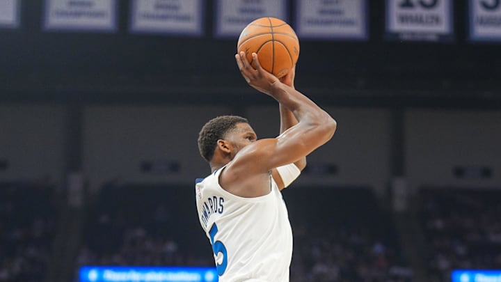 Oct 29, 2024; Minneapolis, Minnesota, USA; Minnesota Timberwolves guard Anthony Edwards (5) shoots against the Dallas Mavericks in the first quarter at Target Center. Mandatory Credit: Brad Rempel-Imagn Images