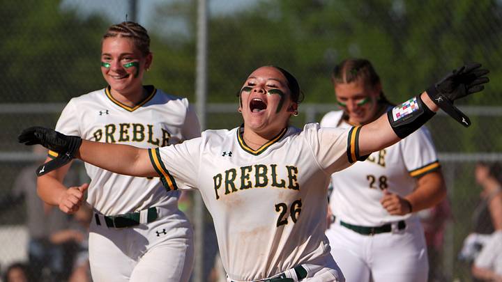 Green Bay Preble High School's Maya Darmawan (26) celebrates winning a WIAA softball sectional semifinal against West De Pere on June 2, 2026, in Green Bay, Wis. Green Bay Preble High School's Maya Darmawan (26) celebrates winning a WIAA softball sectional semifinal against West De Pere on June 2, 2026, in Green Bay, Wis.
