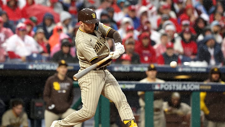 Oct 23, 2022; Philadelphia, Pennsylvania, USA; San Diego Padres first baseman Brandon Drury (17) singles in the fifth inning during game five of the NLCS against the Philadelphia Phillies for the 2022 MLB Playoffs at Citizens Bank Park. Mandatory Credit: Bill Streicher-Imagn Images Oct 23, 2022; Philadelphia, Pennsylvania, USA; San Diego Padres first baseman Brandon Drury (17) singles in the fifth inning during game five of the NLCS against the Philadelphia Phillies for the 2022 MLB Playoffs at Citizens Bank Park. Mandatory Credit: Bill Streicher-Imagn Images