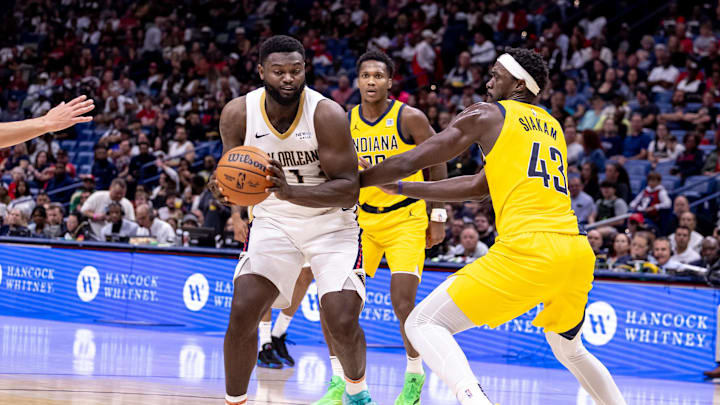 Nov 1, 2024; New Orleans, Louisiana, USA; New Orleans Pelicans forward Zion Williamson (1) dribbles against Indiana Pacers forward Pascal Siakam (43) during the first half at Smoothie King Center. Mandatory Credit: Stephen Lew-Imagn Images Nov 1, 2024; New Orleans, Louisiana, USA; New Orleans Pelicans forward Zion Williamson (1) dribbles against Indiana Pacers forward Pascal Siakam (43) during the first half at Smoothie King Center. Mandatory Credit: Stephen Lew-Imagn Images