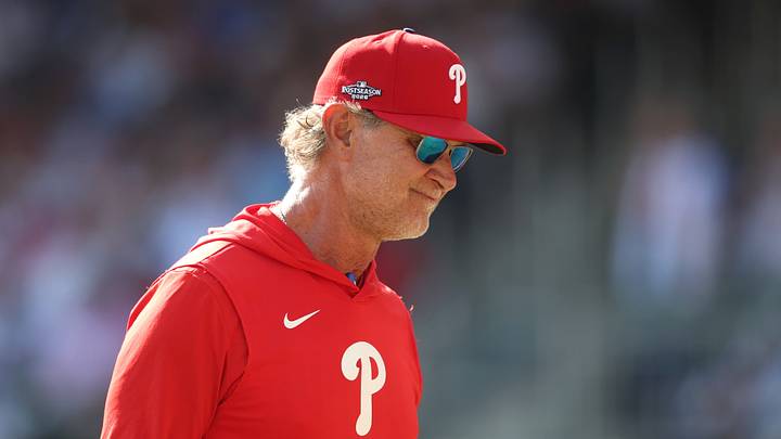 Sep 30, 2026; Cumberland, Georgia, USA; Philadelphia Phillies interim manager Don Mattingly (8) returns to the dugout after a visit to the mound in the seventh inning during game two of the Wildcard round for the 2026 MLB Playoffs at Truist Park. Mandatory Credit: Brett Davis-Imagn Images Sep 30, 2026; Cumberland, Georgia, USA; Philadelphia Phillies interim manager Don Mattingly (8) returns to the dugout after a visit to the mound in the seventh inning during game two of the Wildcard round for the 2026 MLB Playoffs at Truist Park. Mandatory Credit: Brett Davis-Imagn Images