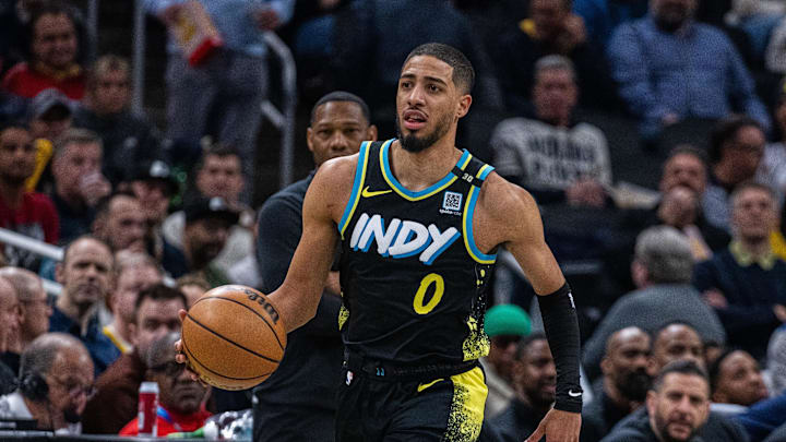 Feb 28, 2024; Indianapolis, Indiana, USA; Indiana Pacers guard Tyrese Haliburton (0) dribbles the