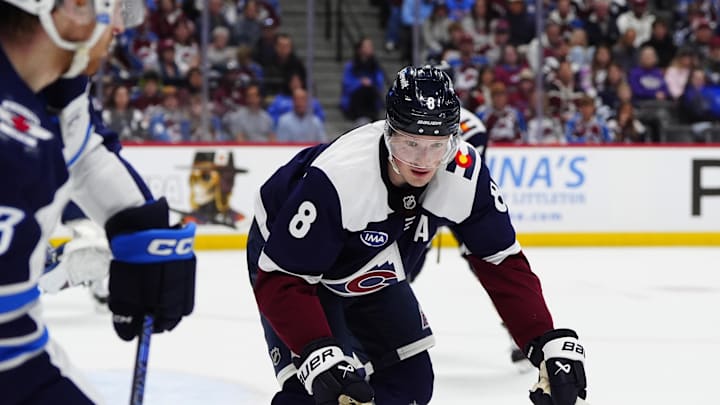 Mar 28, 2026; Denver, Colorado, USA; Colorado Avalanche defenseman Cale Makar (8) during the third period against the Winnipeg Jets at Ball Arena. Mandatory Credit: Ron Chenoy-Imagn Images