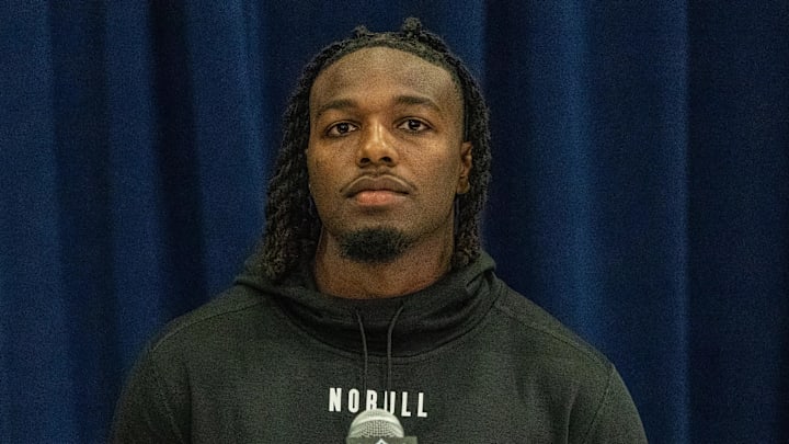 Feb 29, 2024; Indianapolis, IN, USA; Texas A&M defensive back Demani Richardson (DB60) talks to