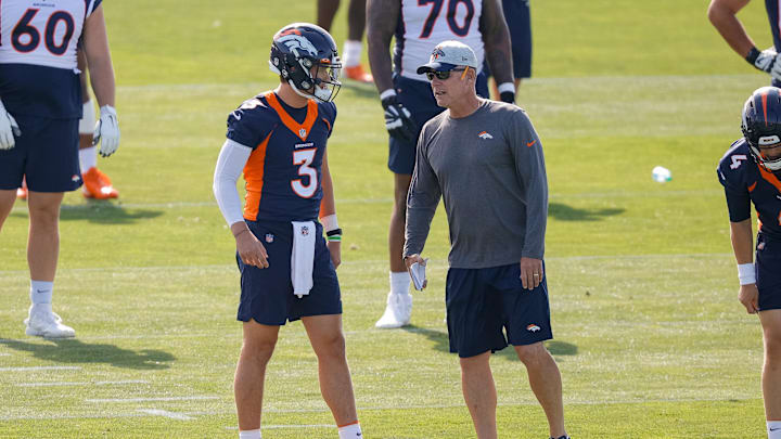 Jul 29, 2021; Englewood, CO, United States; Denver Broncos quarterback Drew Lock (3) talks with