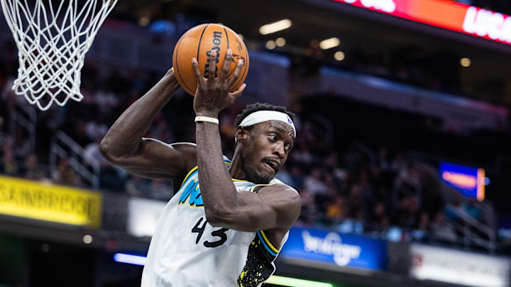 Apr 2, 2025; Indianapolis, Indiana, USA; Indiana Pacers forward Pascal Siakam (43) rebounds the ball in the first half against the Charlotte Hornets at Gainbridge Fieldhouse. Mandatory Credit: Trevor Ruszkowski-Imagn Images