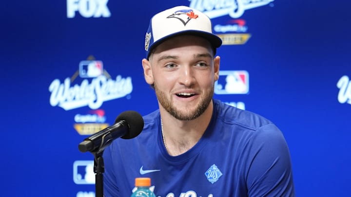 Oct 23, 2025; Toronto, ON, Canada; Toronto Blue Jays starting pitcher Trey Yesavage (39) addresses the media at Rogers Centre. Oct 23, 2025; Toronto, ON, Canada; Toronto Blue Jays starting pitcher Trey Yesavage (39) addresses the media at Rogers Centre.