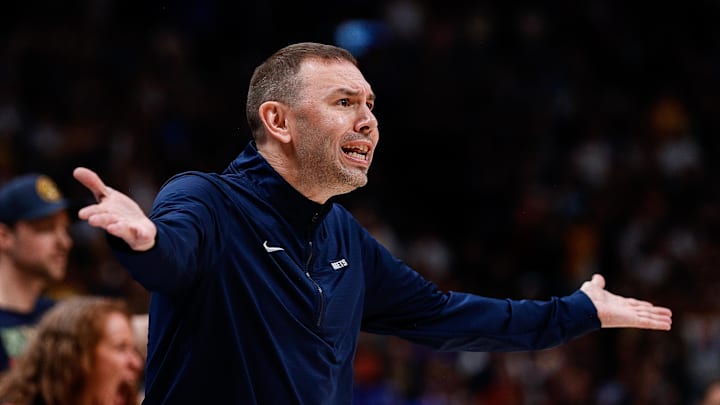 May 11, 2025; Denver, Colorado, USA; Denver Nuggets interim head coach David Adelman reacts to a call in the first quarter against the Oklahoma City Thunder during game four of the second round of the 2025 NBA Playoffs at Ball Arena. Mandatory Credit: Isaiah J. Downing-Imagn Images