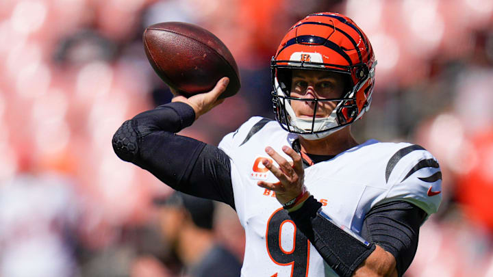 Cincinnati Bengals quarterback Joe Burrow (9) throws during warmups before the NFL Week 1 game between the Cleveland Browns and the Cincinnati Bengals at Huntington Bank Field in Cleveland on Sunday, Sept. 7, 2025.