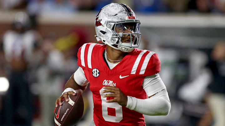 Nov 1, 2025; Oxford, Mississippi, USA; Mississippi Rebels quarterback Trinidad Chambliss (6) drops back to pass during the first quarter against the South Carolina Gamecocks at Vaught-Hemingway Stadium. Mandatory Credit: Petre Thomas-Imagn Images Nov 1, 2025; Oxford, Mississippi, USA; Mississippi Rebels quarterback Trinidad Chambliss (6) drops back to pass during the first quarter against the South Carolina Gamecocks at Vaught-Hemingway Stadium. Mandatory Credit: Petre Thomas-Imagn Images