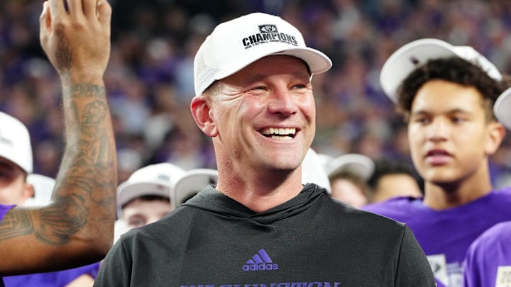 Dec 1, 2023; Las Vegas, NV, USA; Washington Huskies head coach Kalen DeBoer reacts as players