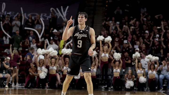 Nov 21, 2025; College Station, Texas, USA; Texas A&M Aggies guard Ruben Dominguez (9) reacts during the second half against the Manhattan Jaspers at Reed Arena. Mandatory Credit: Maria Lysaker-Imagn Images Nov 21, 2025; College Station, Texas, USA; Texas A&M Aggies guard Ruben Dominguez (9) reacts during the second half against the Manhattan Jaspers at Reed Arena. Mandatory Credit: Maria Lysaker-Imagn Images