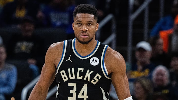Nov 3, 2025; Indianapolis, Indiana, USA; Milwaukee Bucks forward Giannis Antetokounmpo (34) in the first half against the Indiana Pacers at Gainbridge Fieldhouse. Mandatory Credit: Trevor Ruszkowski-Imagn Images Nov 3, 2025; Indianapolis, Indiana, USA; Milwaukee Bucks forward Giannis Antetokounmpo (34) in the first half against the Indiana Pacers at Gainbridge Fieldhouse. Mandatory Credit: Trevor Ruszkowski-Imagn Images