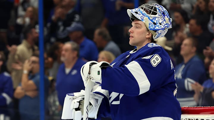Nov 7, 2024; Tampa, Florida, USA; Tampa Bay Lightning goaltender Andrei Vasilevskiy (88) looks on against the Philadelphia Flyers during the second period at Amalie Arena. Mandatory Credit: Kim Klement Neitzel-Imagn Images