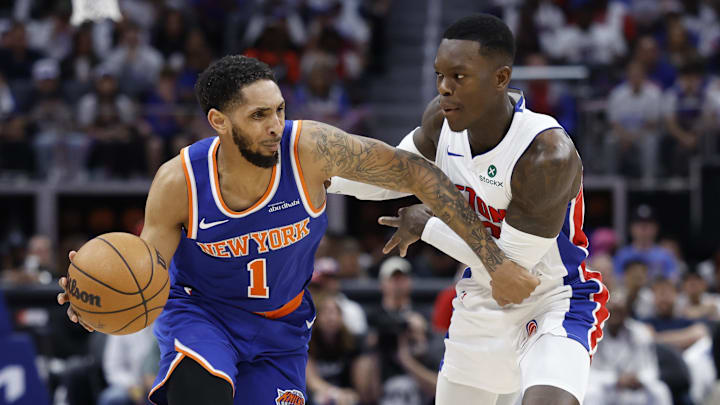 New York Knicks guard Cameron Payne dribbles defended by Detroit Pistons guard Dennis Schroder. New York Knicks guard Cameron Payne dribbles defended by Detroit Pistons guard Dennis Schroder.