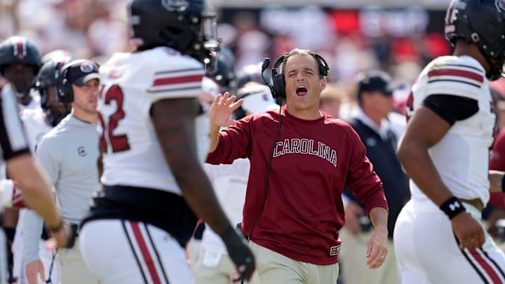 South Carolina coach Shane Beamer shouts during a college football game between the University of Oklahoma Sooners (OU) and the South Carolina Gamecocks at Gaylord Family - Oklahoma Memorial Stadium in Norman, Okla., Saturday, Oct. 19, 2024. South Carolina coach Shane Beamer shouts during a college football game between the University of Oklahoma Sooners (OU) and the South Carolina Gamecocks at Gaylord Family - Oklahoma Memorial Stadium in Norman, Okla., Saturday, Oct. 19, 2024.