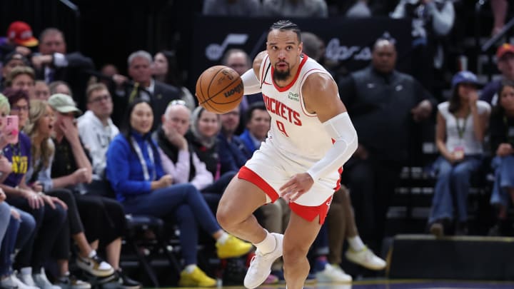 Apr 11, 2024; Salt Lake City, Utah, USA; Houston Rockets forward Dillon Brooks (9) brings the ball up the court against the Utah Jazz during the fourth quarter at Delta Center. Mandatory Credit: Rob Gray-USA TODAY Sports Apr 11, 2024; Salt Lake City, Utah, USA; Houston Rockets forward Dillon Brooks (9) brings the ball up the court against the Utah Jazz during the fourth quarter at Delta Center. Mandatory Credit: Rob Gray-USA TODAY Sports