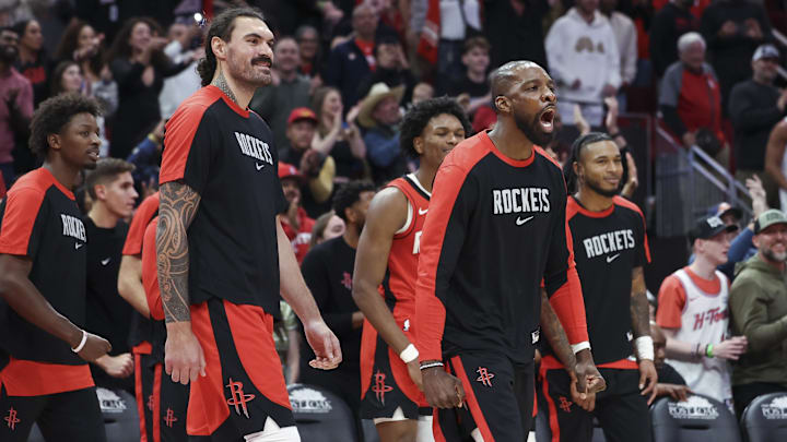 Dec 1, 2024; Houston, Texas, USA; Houston Rockets forward Jeff Green (32) reacts after a play during the fourth quarter of the game against the Oklahoma City Thunder at Toyota Center. Mandatory Credit: Troy Taormina-Imagn Images