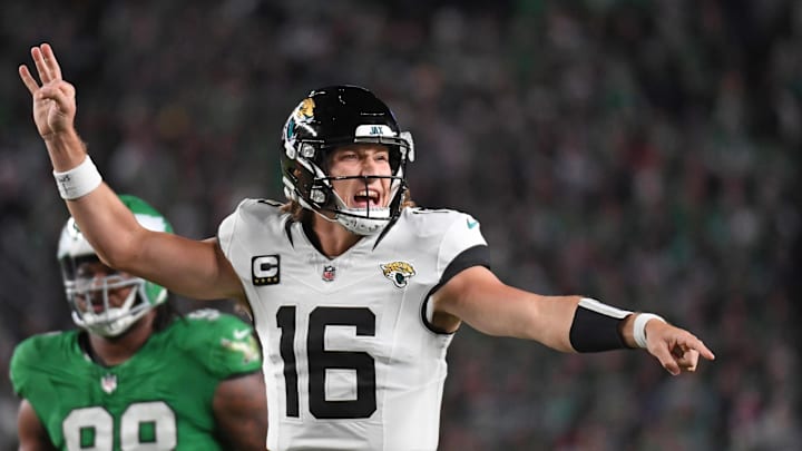 Nov 3, 2024; Philadelphia, Pennsylvania, USA; Jacksonville Jaguars quarterback Trevor Lawrence (16) signals to his team during the third quarter against the Philadelphia Eagles at Lincoln Financial Field. Mandatory Credit: Eric Hartline-Imagn Images Nov 3, 2024; Philadelphia, Pennsylvania, USA; Jacksonville Jaguars quarterback Trevor Lawrence (16) signals to his team during the third quarter against the Philadelphia Eagles at Lincoln Financial Field. Mandatory Credit: Eric Hartline-Imagn Images