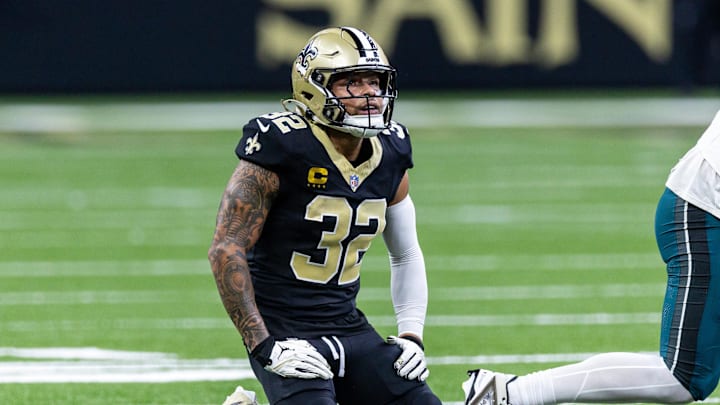Sep 22, 2024; New Orleans, Louisiana, USA; New Orleans Saints safety Tyrann Mathieu (32) reacts to making a tackle  against the Philadelphia Eagles during the first half at Caesars Superdome. Mandatory Credit: Stephen Lew-Imagn Images