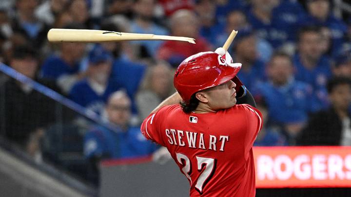 Sep 25, 2026; Toronto, Ontario, CAN; Cincinnati Reds first baseman Sal Stewart (27) breaks his bat as he hits an RBI single against the Toronto Blue Jays in the third inning at Rogers Centre. Mandatory Credit: Dan Hamilton-Imagn Images Sep 25, 2026; Toronto, Ontario, CAN; Cincinnati Reds first baseman Sal Stewart (27) breaks his bat as he hits an RBI single against the Toronto Blue Jays in the third inning at Rogers Centre. Mandatory Credit: Dan Hamilton-Imagn Images