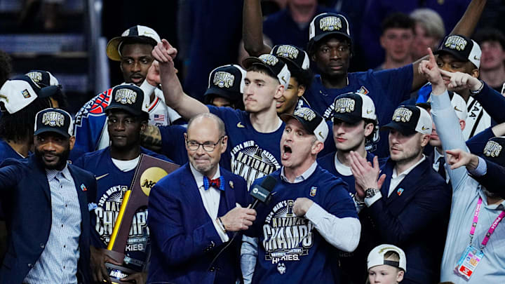 Connecticut Huskies head coach Dan Hurley is interviewed after defeating the Purdue Boilermakers in