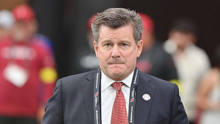 Sep 14, 2025; Glendale, Arizona, USA;  Arizona Cardinals owner Michael Bidwill on the sidelines prior to the first half against the Carolina Panthers at State Farm Stadium. Mandatory Credit: Matt Kartozian-Imagn Images