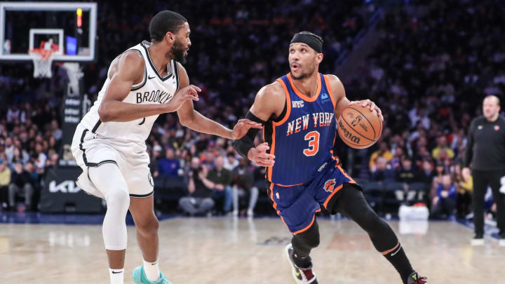 Mar 23, 2024; New York, New York, USA;  New York Knicks guard Josh Hart (3) looks to drive past Brooklyn Nets forward Mikal Bridges (1) in the third quarter at Madison Square Garden. Mandatory Credit: Wendell Cruz-USA TODAY Sports