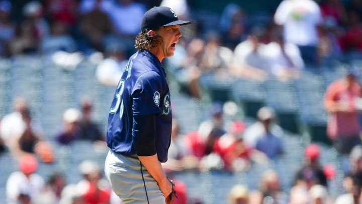 Seattle Mariners pitcher Logan Gilbert reacts after striking out Los Angeles Angels catcher Logan O'Hoppe on Sunday at Angel Stadium.