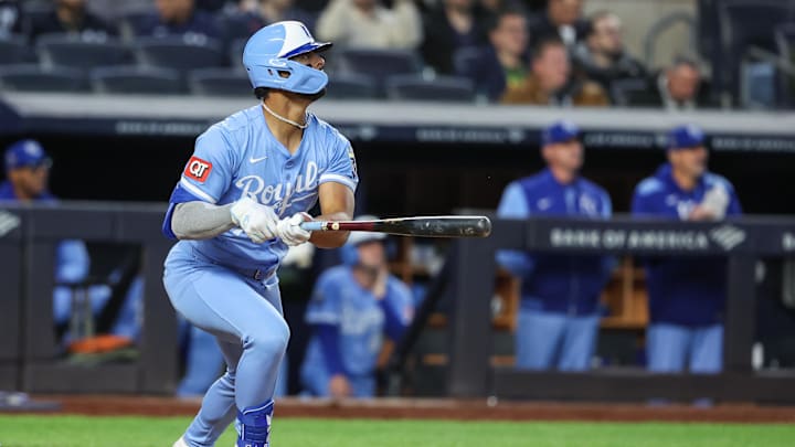 Apr 15, 2025; Bronx, New York, USA;  Kansas City Royals left fielder MJ Melendez (1) hits a solo home run in the third inning against the New York Yankees at Yankee Stadium.  All players wore #42 for Jackie Robinson Day.  Mandatory Credit: Wendell Cruz-Imagn Images