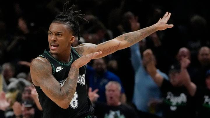 Apr 23, 2026; Minneapolis, Minnesota, USA; Minnesota Timberwolves guard Bones Hyland (8) celebrates his three-point basket against the Denver Nuggets in the fourth quarter at Target Center. Mandatory Credit: Bruce Kluckhohn-Imagn Images