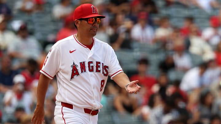 Los Angeles Angels manager Kurt Suzuki (8) walks to the mound during the seventh inning against the Minnesota Twins at Angel Stadium Sept. 20, 2026. Los Angeles Angels manager Kurt Suzuki (8) walks to the mound during the seventh inning against the Minnesota Twins at Angel Stadium Sept. 20, 2026.