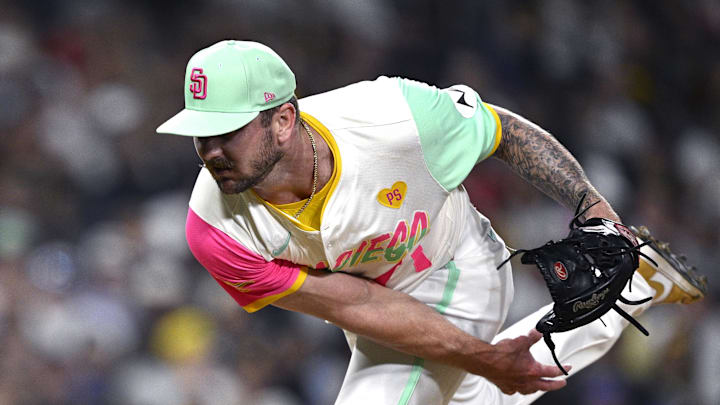 Jul 12, 2024; San Diego, California, USA; San Diego Padres relief pitcher Logan Gillaspie (71) pitches against the Atlanta Braves during the eighth inning at Petco Park. Mandatory Credit: Orlando Ramirez-Imagn Images 