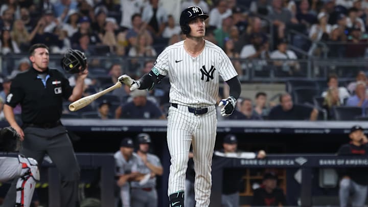 Aug 13, 2025; Bronx, New York, USA;  New York Yankees left fielder Cody Bellinger (35) looks up after hitting a solo home run during the third inning against the Minnesota Twins  at Yankee Stadium. Mandatory Credit: Vincent Carchietta-Imagn Images