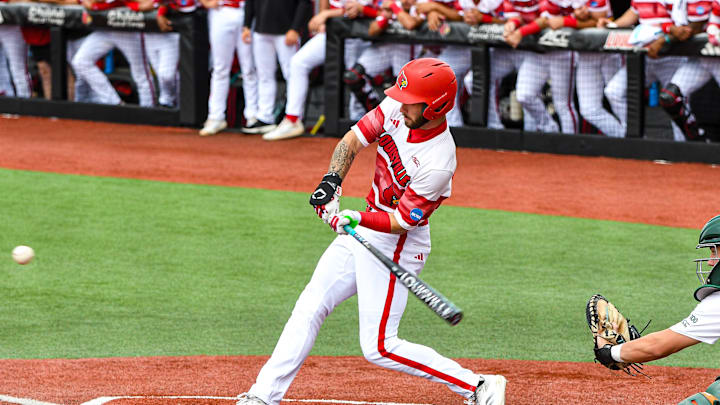 Louisville baseball outfielder Lucas Moore vs. Miami in game two of the 2025 Louisville Super Regional. Louisville baseball outfielder Lucas Moore vs. Miami in game two of the 2025 Louisville Super Regional.