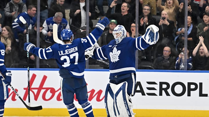 Mar 2, 2024; Toronto, Ontario, CAN;  Toronto Maple Leafs goalie Ilya Samsonov (35) and defenseman