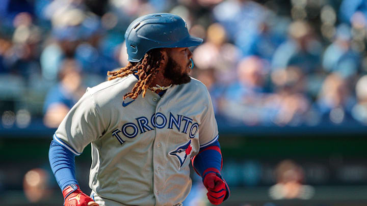 Apr 6, 2023; Kansas City, Missouri, USA; Toronto Blue Jays first baseman Vladimir Guerrero Jr. (27)
