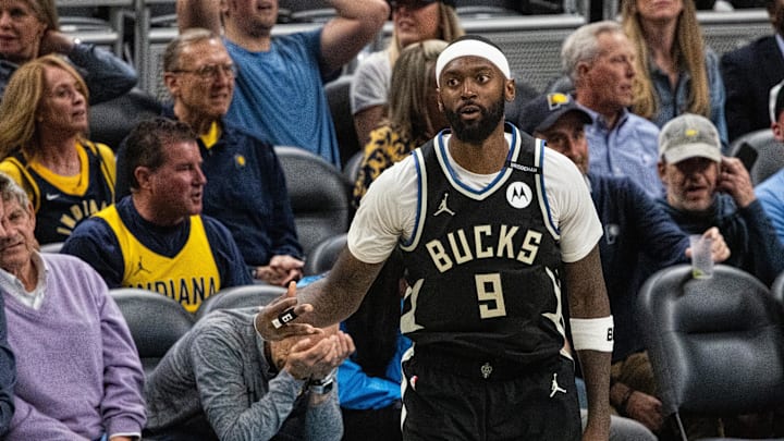 Apr 22, 2025; Indianapolis, Indiana, USA; Milwaukee Bucks forward Bobby Portis (9) celebrates a made basket during game two of first round for the 2024 NBA Playoffs against the Indiana Pacers at Gainbridge Fieldhouse. Mandatory Credit: Trevor Ruszkowski-Imagn Images